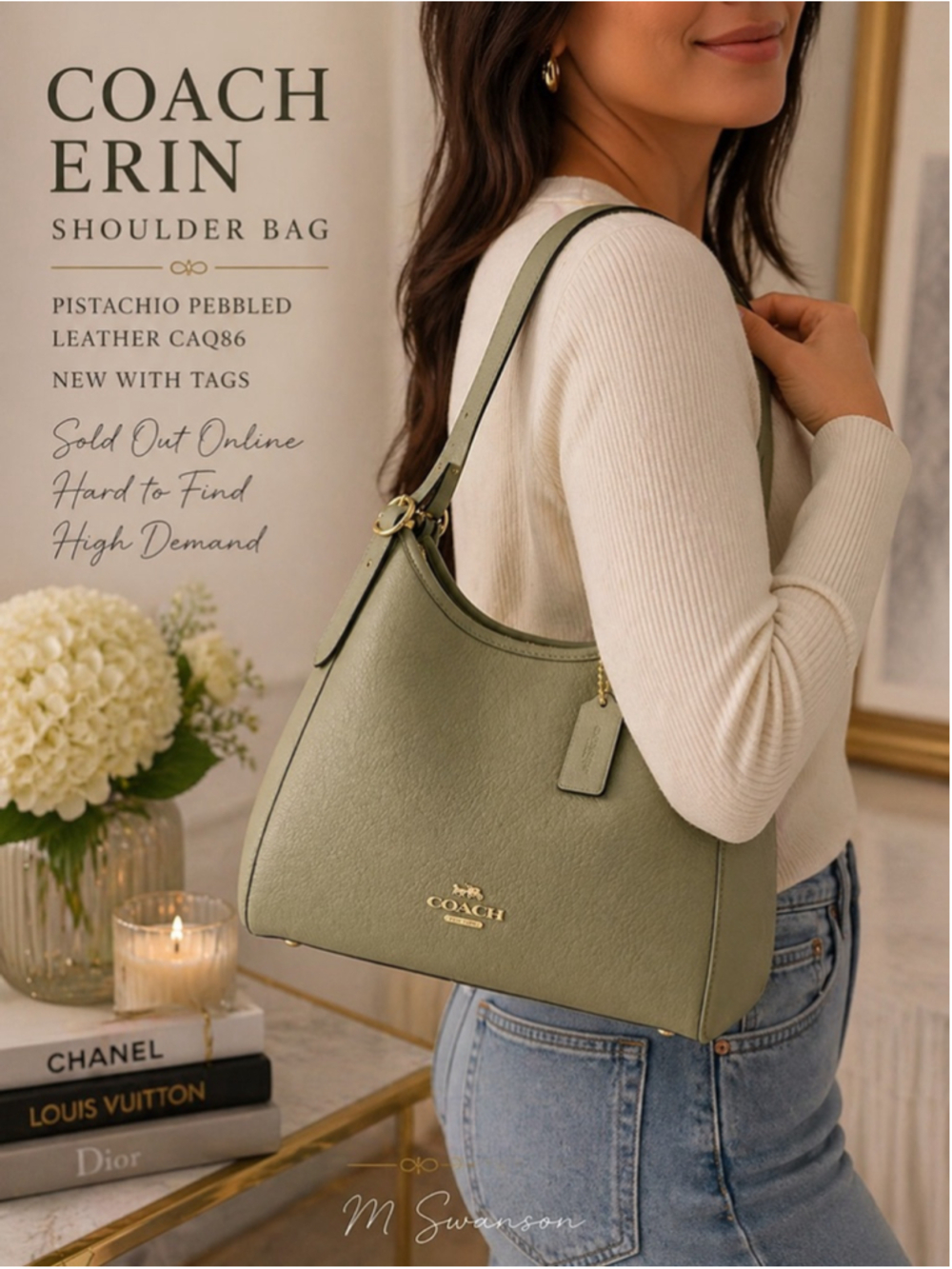 NEW Coach Erin Shoulder Bag Pistachio Pebbled Leather CAQ86 NWT HTF - Picture 3 of 10